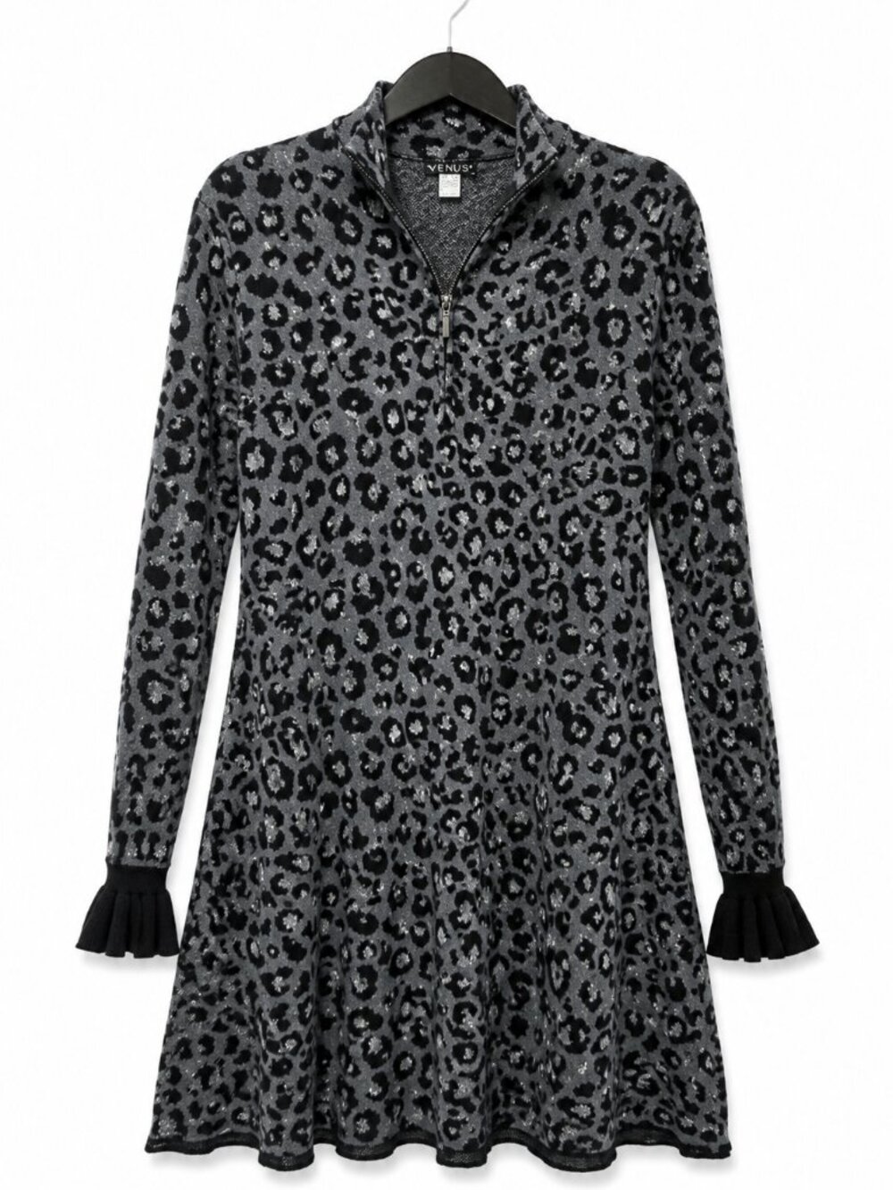 VENUS Women Leopard Print Lurex Knit Long Sleeve Flare Dress Gray Black large